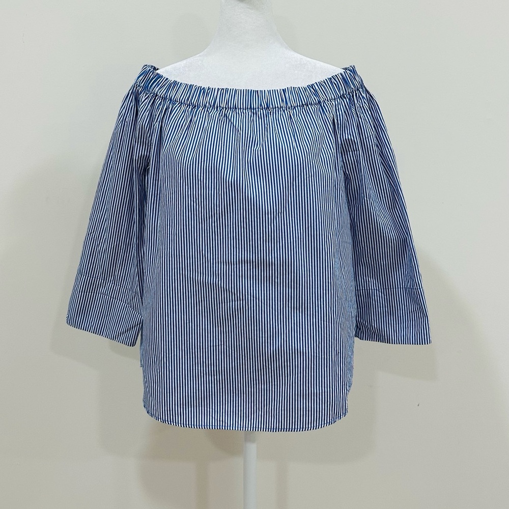 Zara Blue Striped Off The‎ Shoulder Poplin Top women's size S